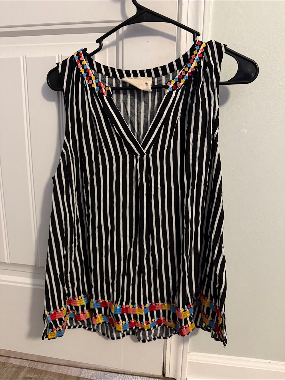 Savanna Jane Black & White Striped V-Neck Tank with Colorful Embroidery